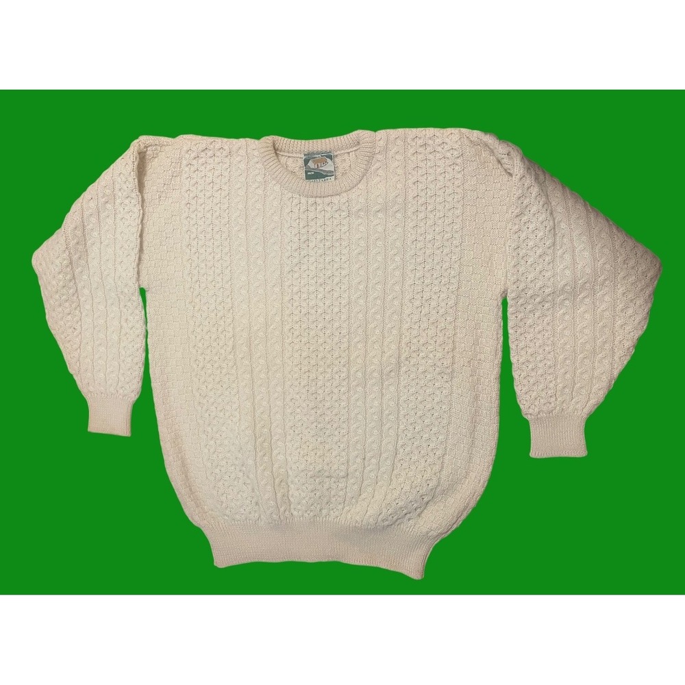 Aran Cable Knit Sweater Cream Gaeltarra Alpaca Wool Made in Ireland L